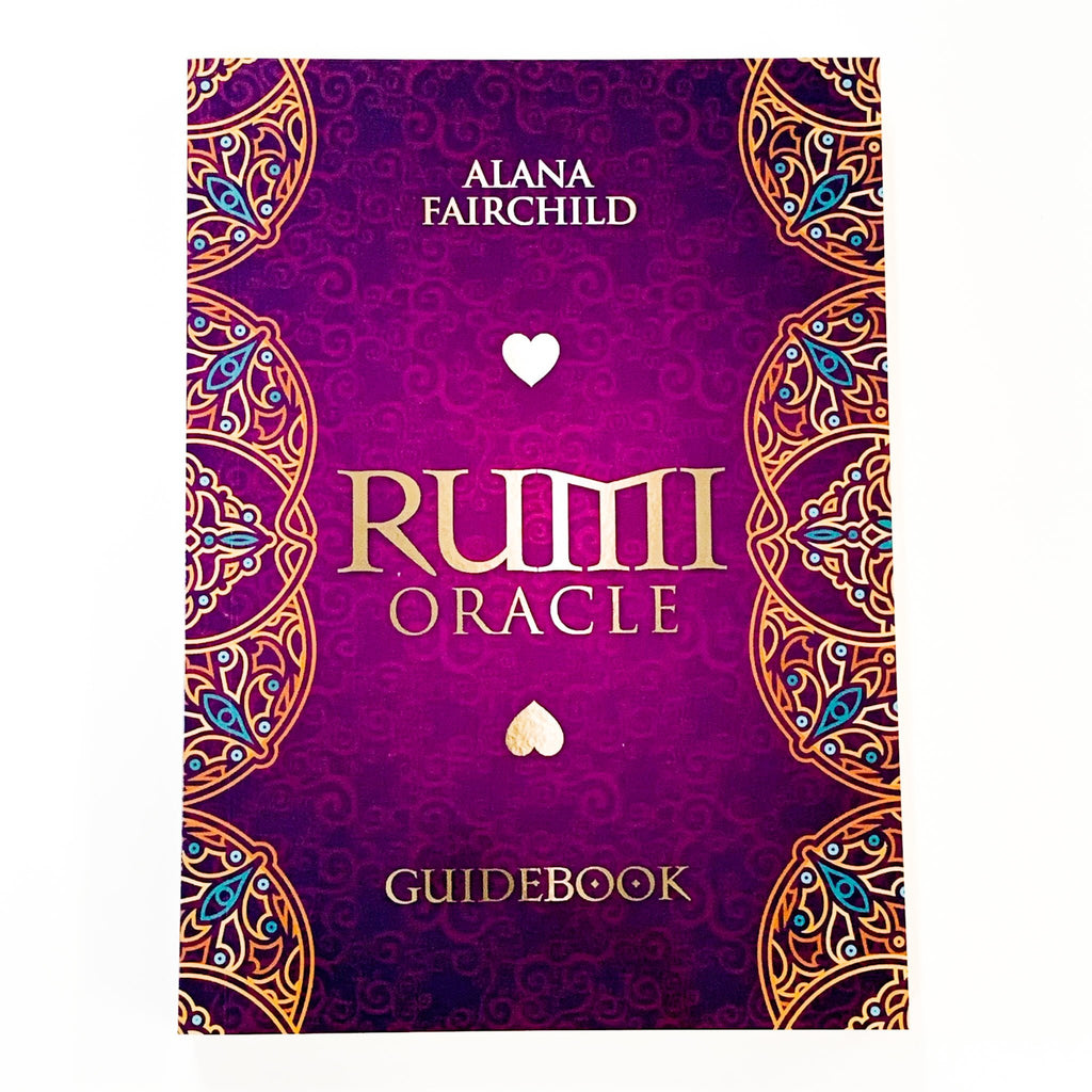 Cover of 'Rumi Oracle Guidebook' by Alana Fairchild with decorative elements on a purple background