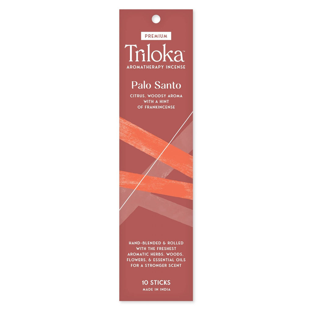 Triloka Palo Santo incense packaging with a red and orange design.