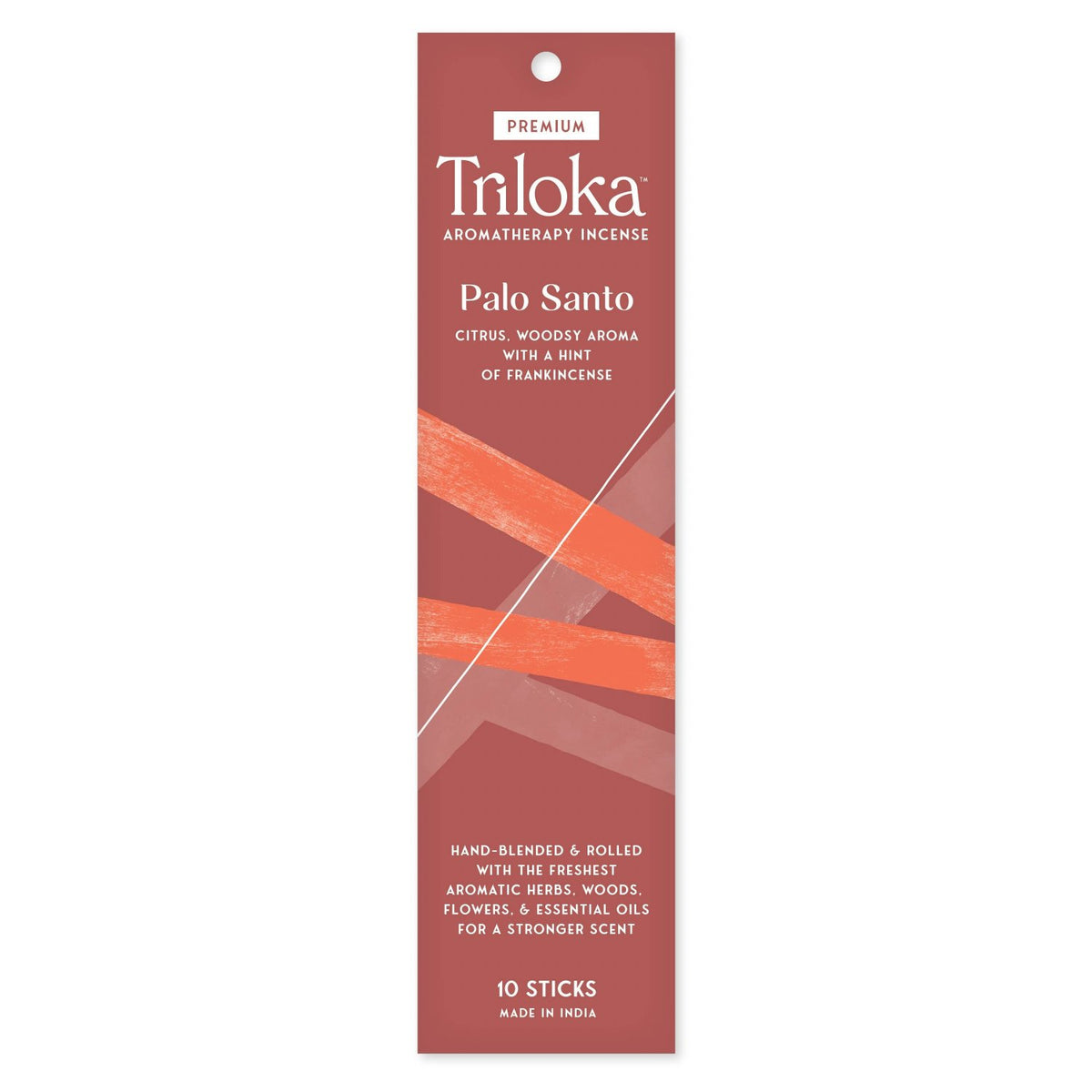 Triloka Palo Santo incense packaging with a red and orange design.