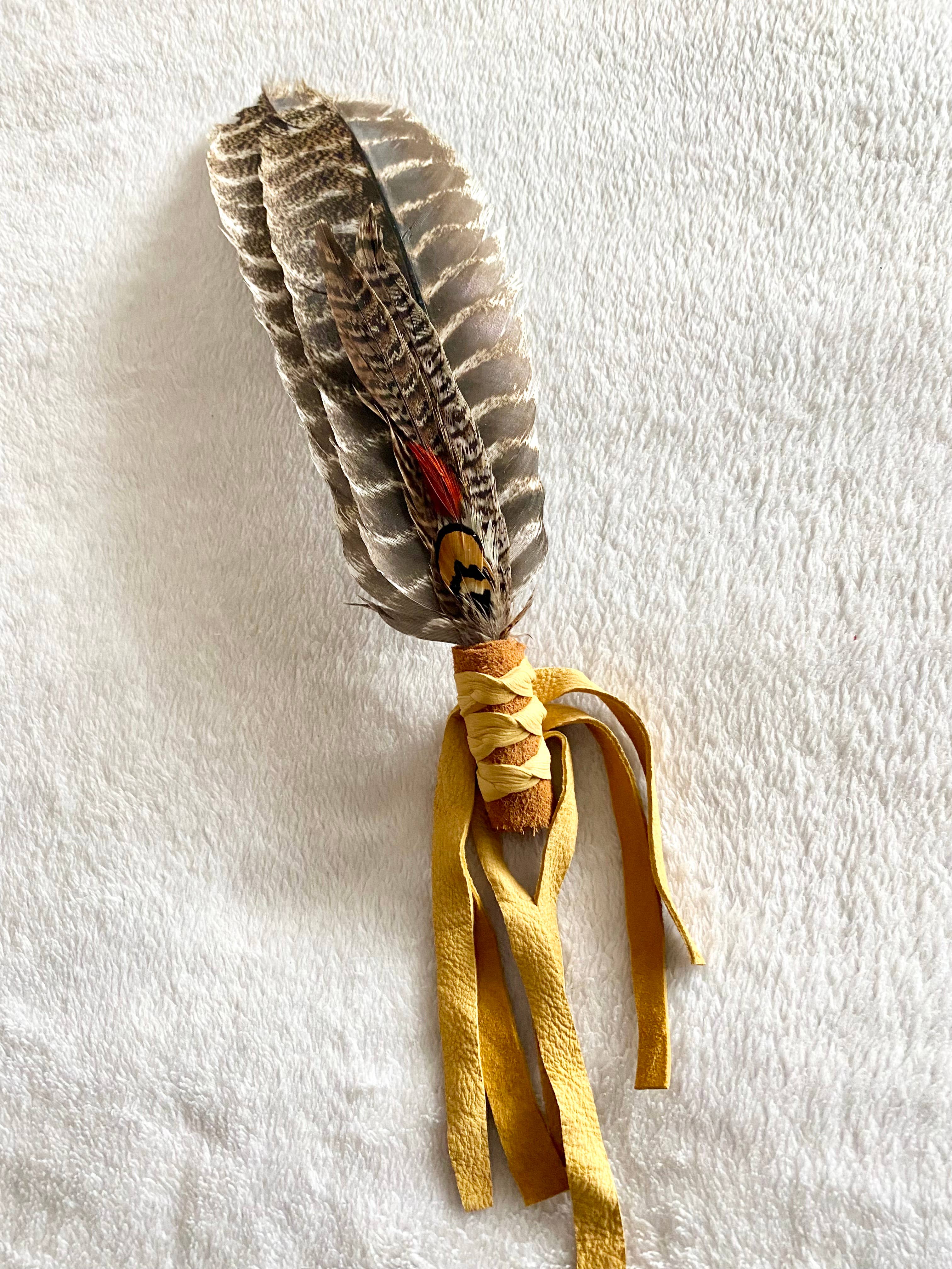 Smudge Fan with Leather Wrapped Handle Natural colors