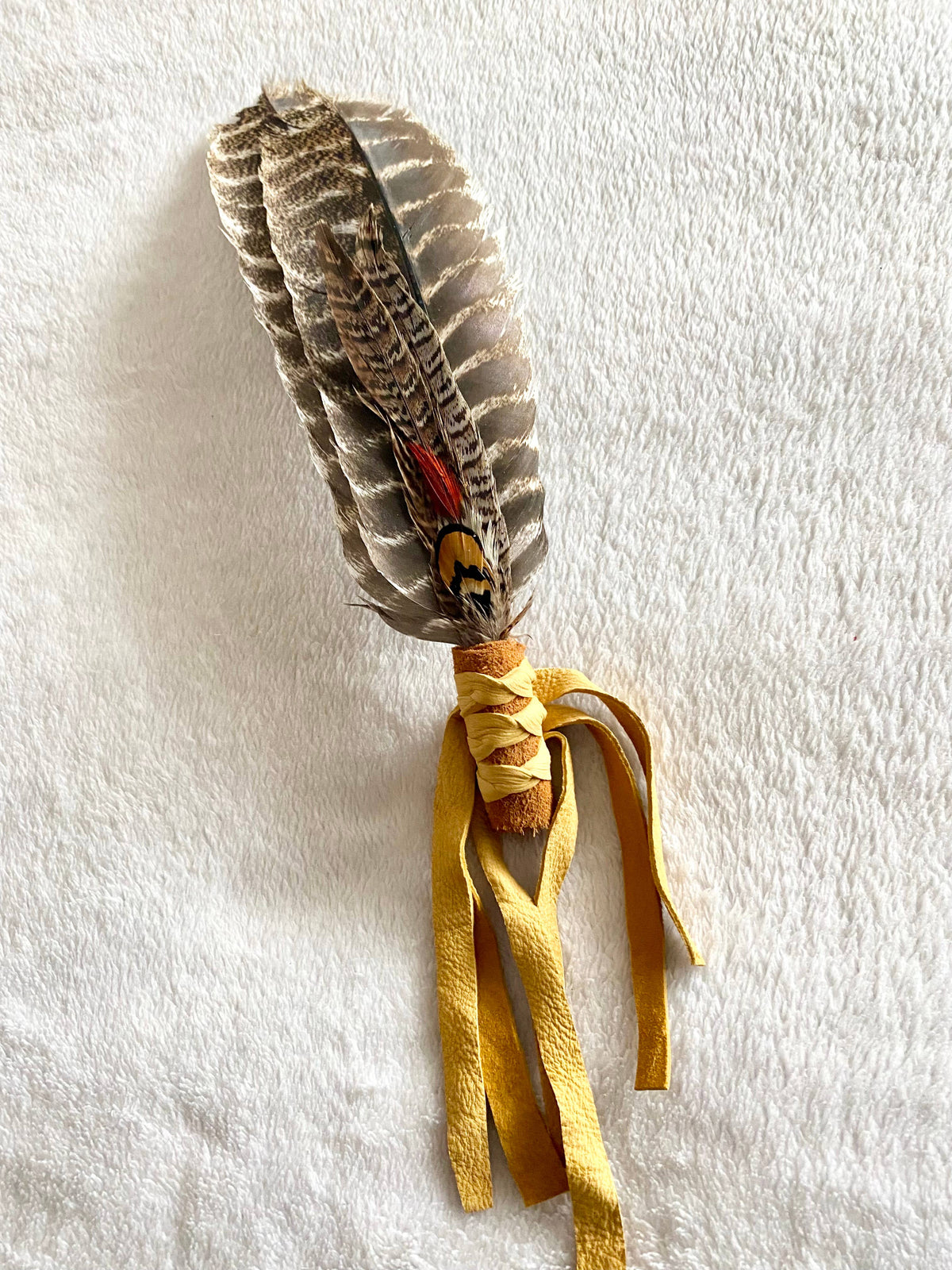 Smudge Fan with Leather wrapped Handle, Smudging Feathers: Colorful colors