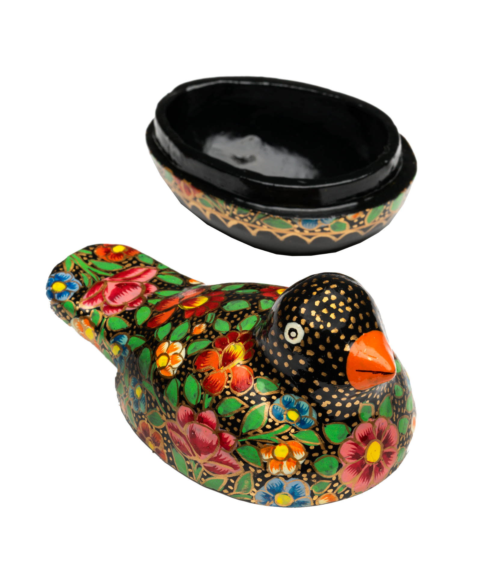 Decorative bird-shaped bowl with a colorful design on a white background