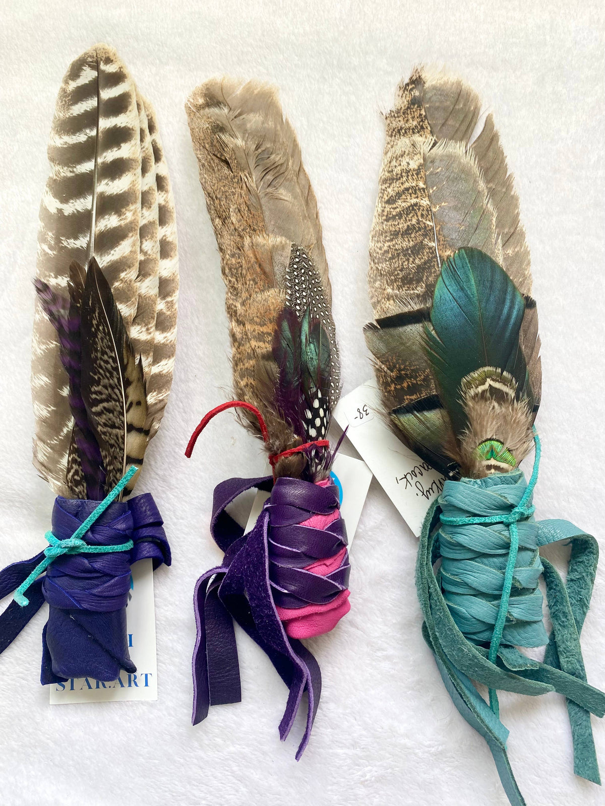 Smudge Fan with Leather wrapped Handle, Smudging Feathers: Colorful colors