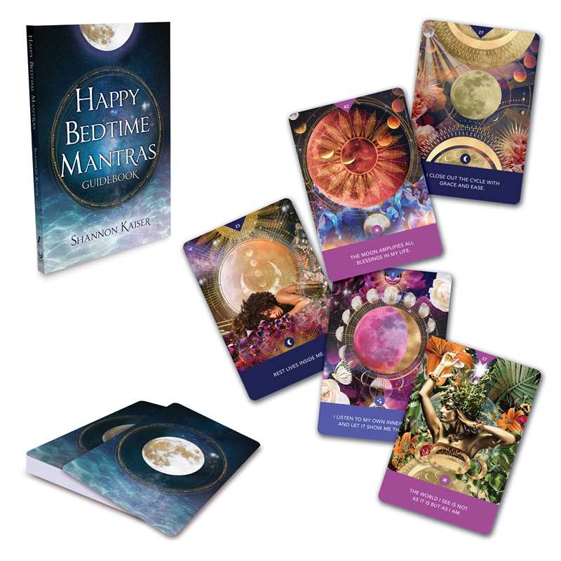 Set of tarot cards with colorful designs and a guidebook titled 'Happy Bedtime Mantras' on a white background.