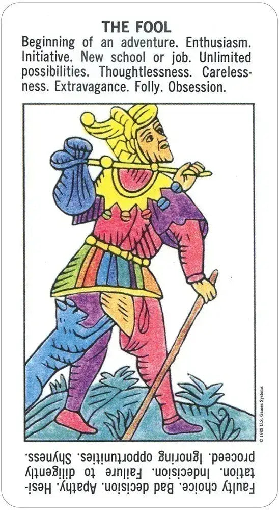 Card from a tarot deck featuring 'The Fool' with colorful attire and text description.