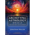Front cover of the book 'Archetypal Astrology Oracle: A 55-Card Deck and Guidebook' by Jonathan Waller, featuring a vivid cosmic sky over water with a glowing sun and a dark blue title panel.