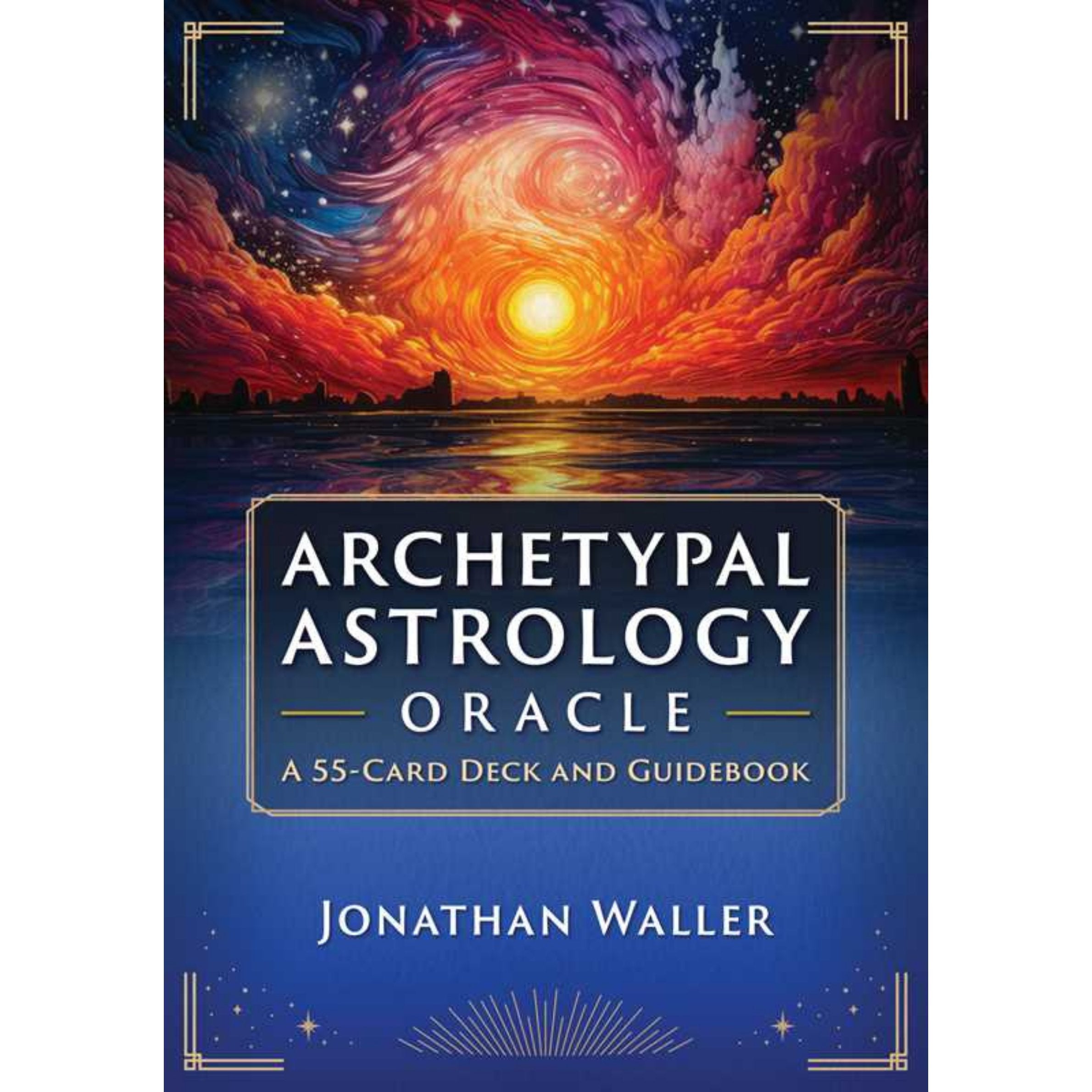 Front cover of the book 'Archetypal Astrology Oracle: A 55-Card Deck and Guidebook' by Jonathan Waller, featuring a vivid cosmic sky over water with a glowing sun and a dark blue title panel.