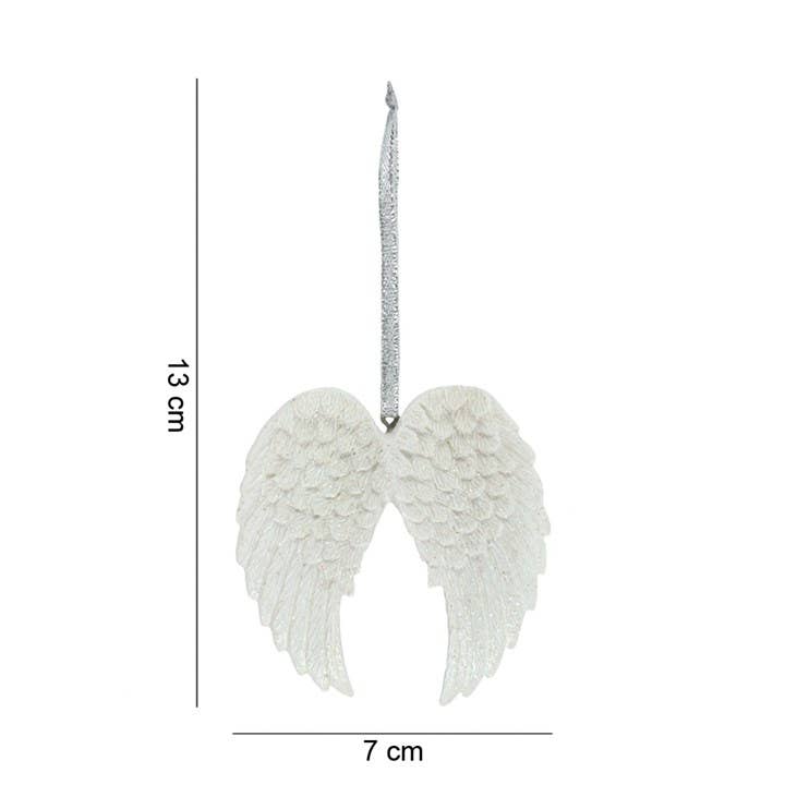 White angel wings hanging ornament with a silver glittery hanger, shown with dimension lines indicating 13 cm height and 7 cm width on a white background.