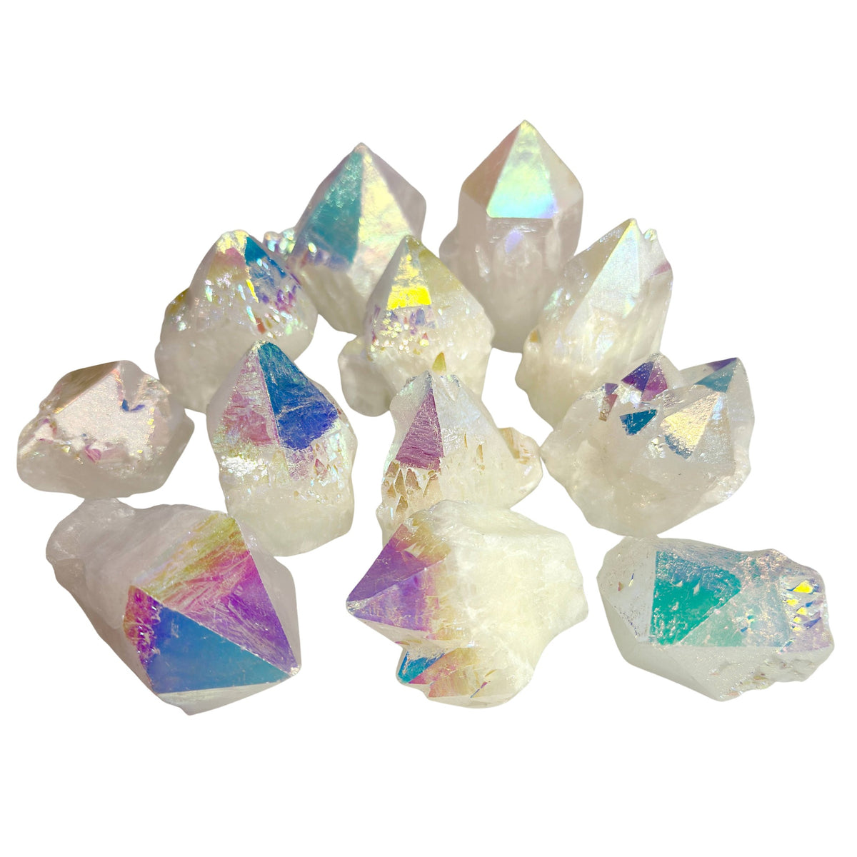 A group of natural crystal points with iridescent, rainbow-colored facets on a plain white background.