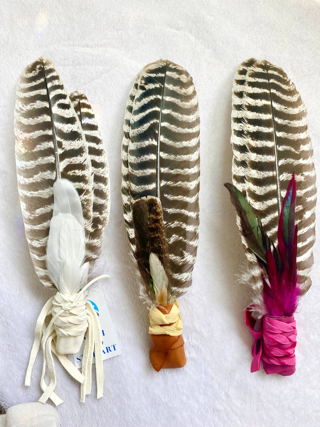 Smudge Fan with Leather wrapped Handle, Smudging Feathers: Colorful colors