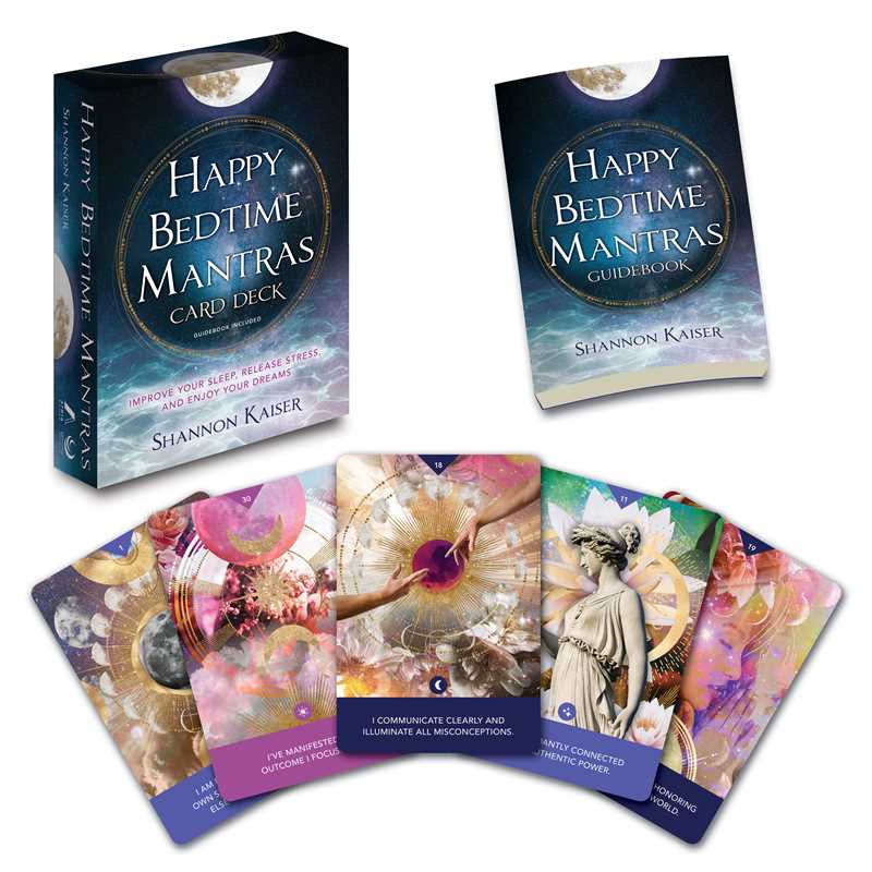Happy Bedtime Mantras card deck with guidebook on a white background