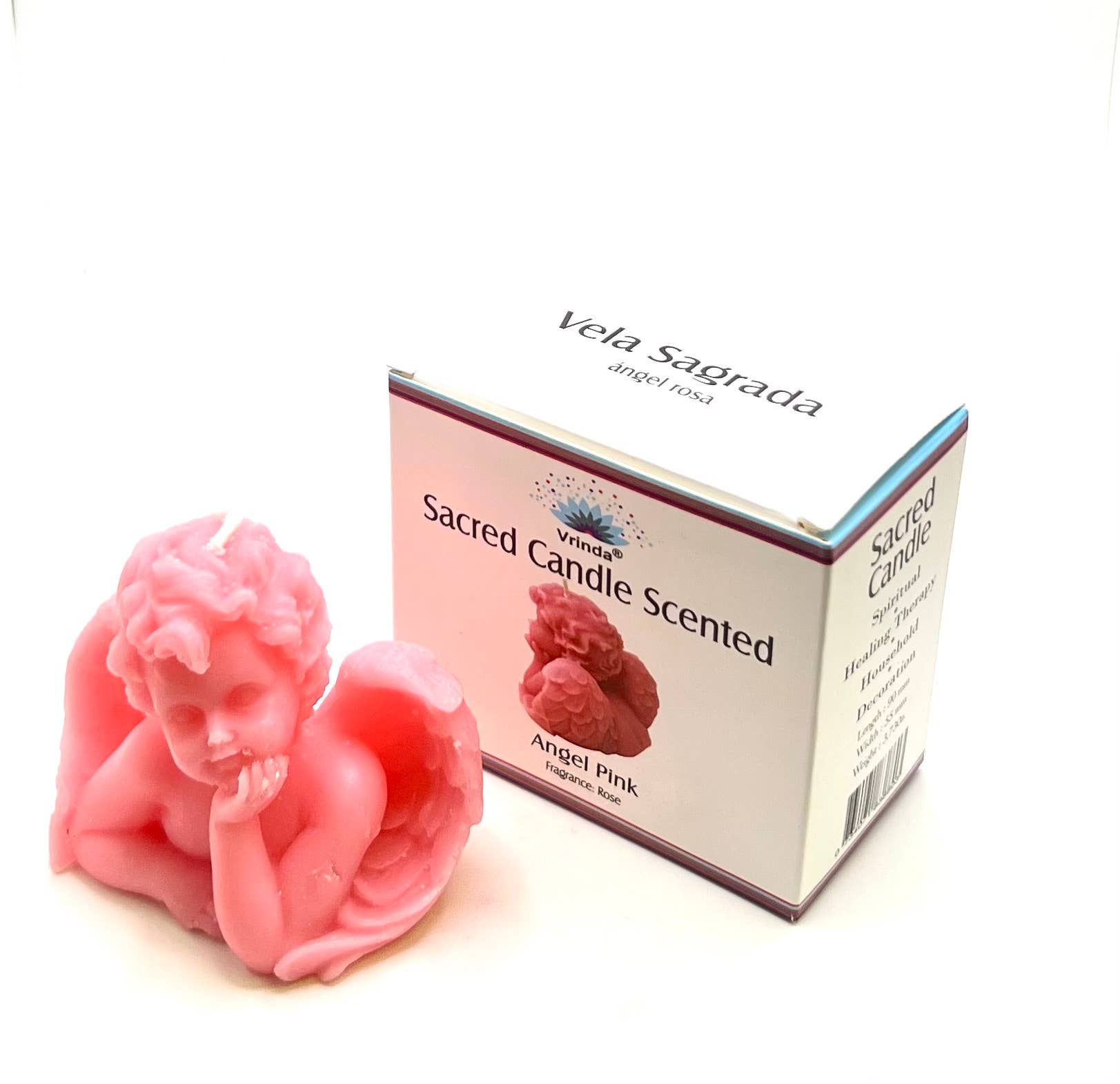 A pink sculpted angel candle shown next to its white retail box labeled 'Vela Sagrada' and 'Sacred Candle Scented' on a white background.