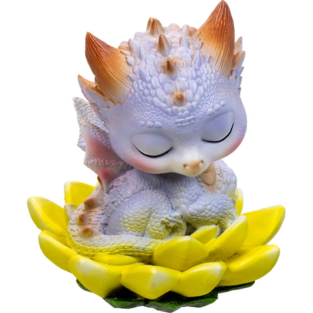 White dragon-like creature with orange horns on a yellow lotus flower against a white background