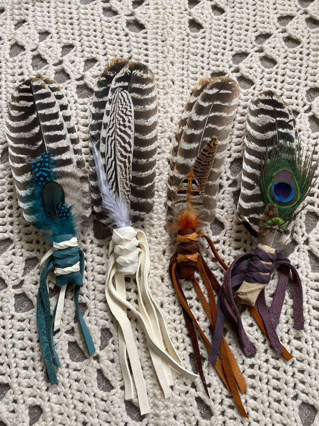 Smudge Fan with Leather wrapped Handle, Smudging Feathers: Colorful colors