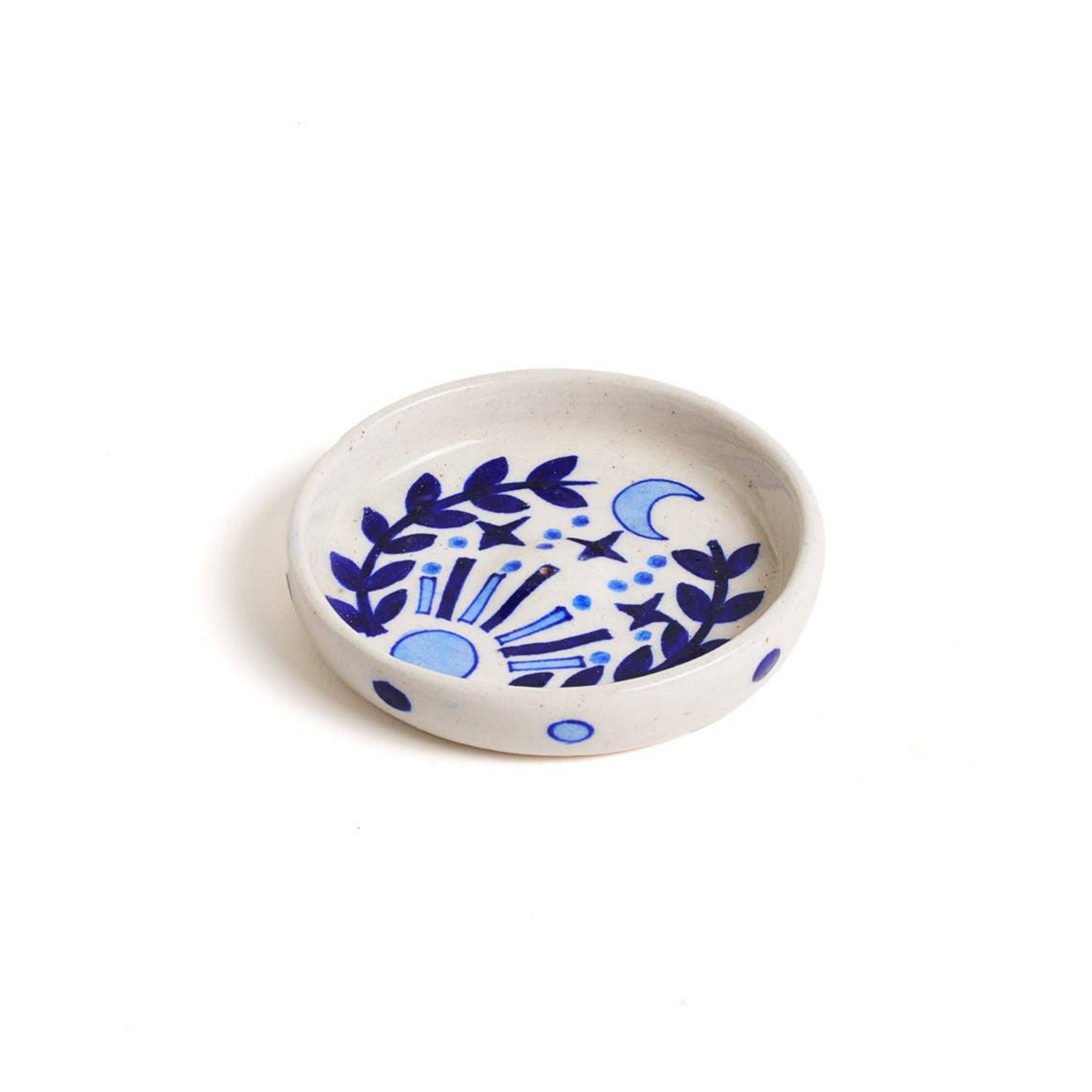 Incense Ashcatcher Ceramic dish with blue floral and geometric patterns on a white background