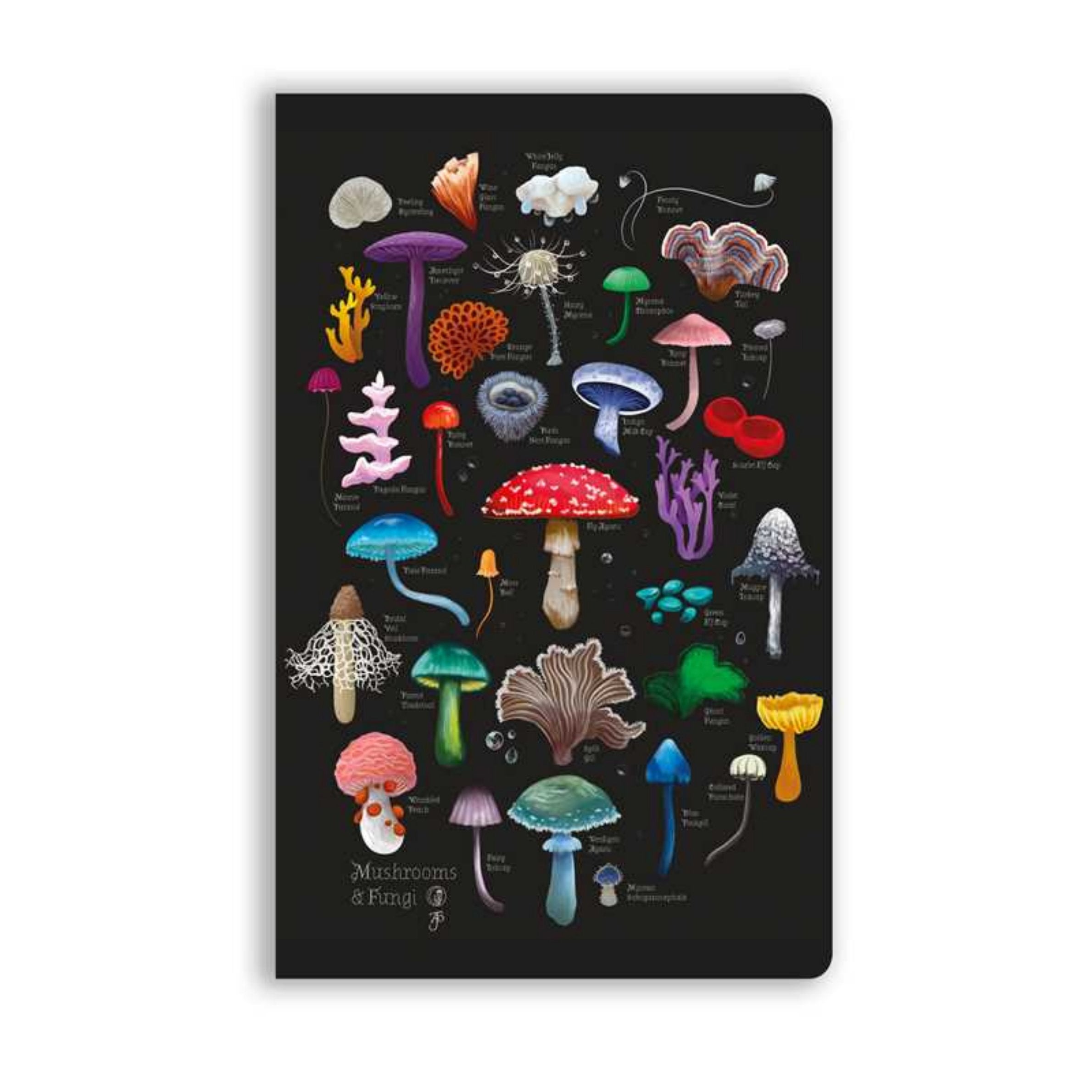 A black notebook or journal featuring a colorful illustrated mushroom and fungus chart on the cover, shown against a plain white background.