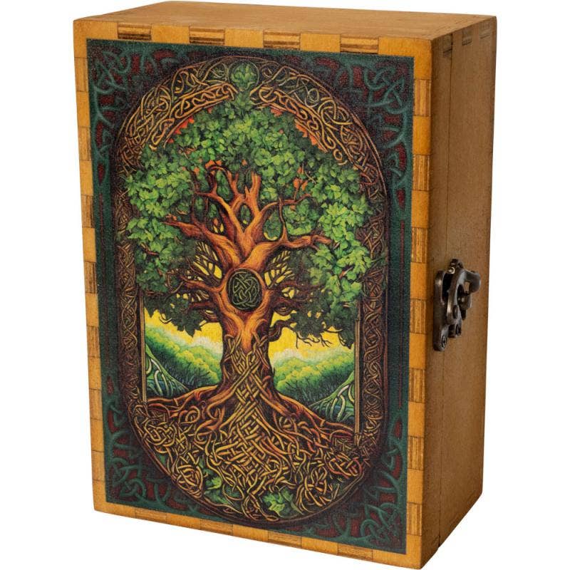 A wooden box featuring a detailed Celtic-style Tree of Life design on the front, with intricate knotwork borders, green foliage, and a brown tree trunk. The box has a hinged lid and a dark metal latch on the side.