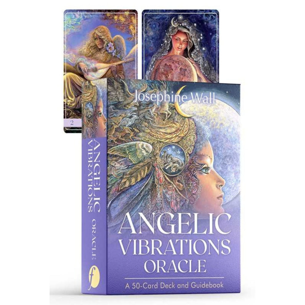 The 'Angelic Vibrations Oracle' deck and guidebook by Josephine Wall, featuring a purple box with detailed celestial and angelic artwork, with two sample cards displayed behind it on a white background.