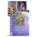 The 'Angelic Vibrations Oracle' deck and guidebook by Josephine Wall, featuring a purple box with detailed celestial and angelic artwork, with two sample cards displayed behind it on a white background.