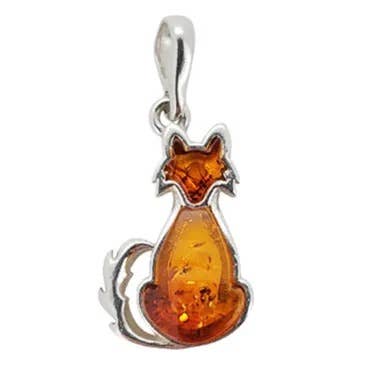 A silver pendant charm shaped like a sitting cat, featuring a translucent amber-orange cabochon stone for the body and head, set against a plain white background.