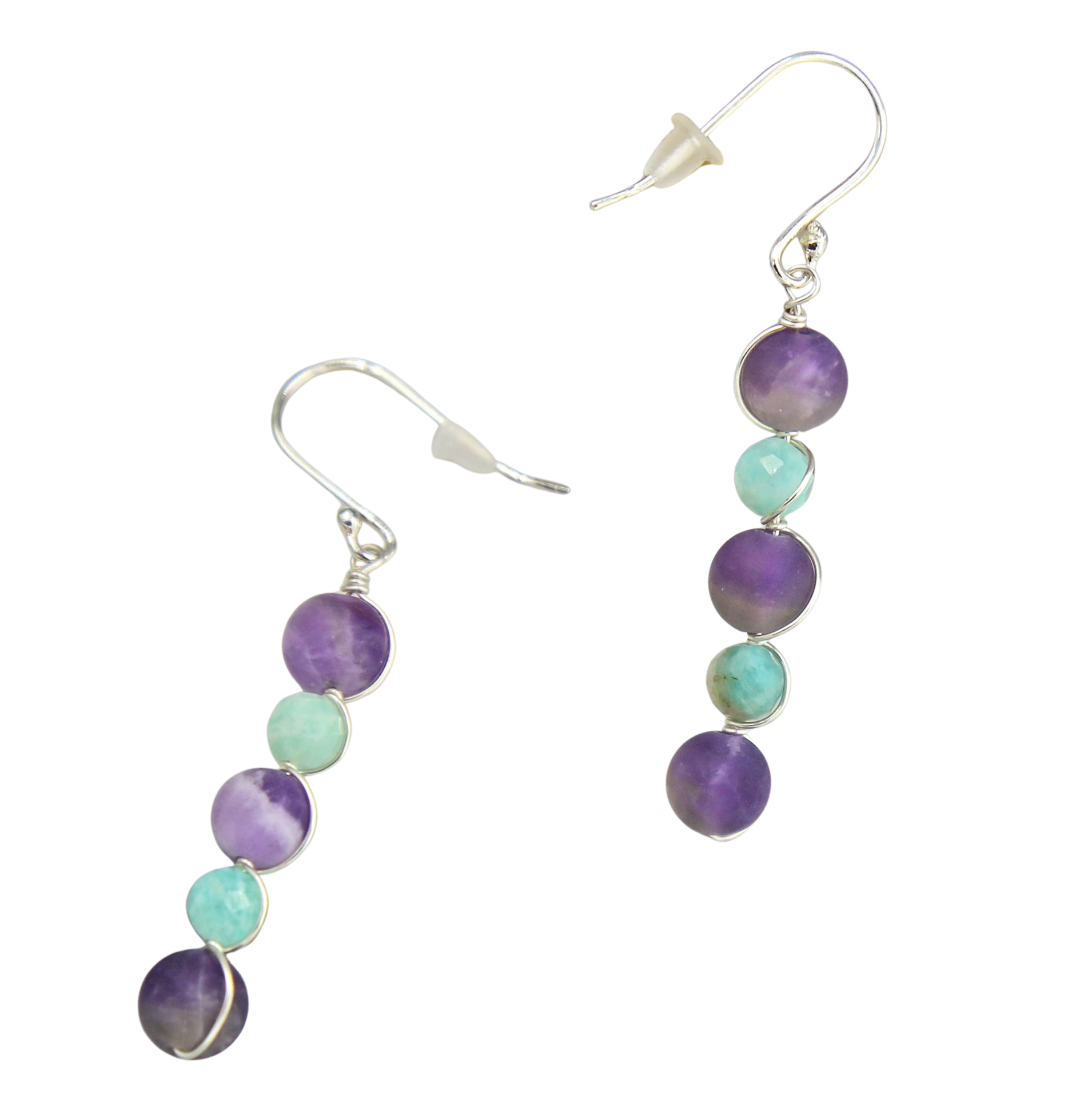 Amethyst and Amazonite Drop Earrings on a White Background