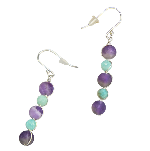 Amethyst and Amazonite Drop Earrings on a White Background