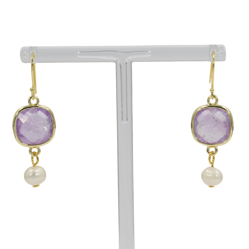 Amethyst and Fresh-water Pearl Earrings on a White Background