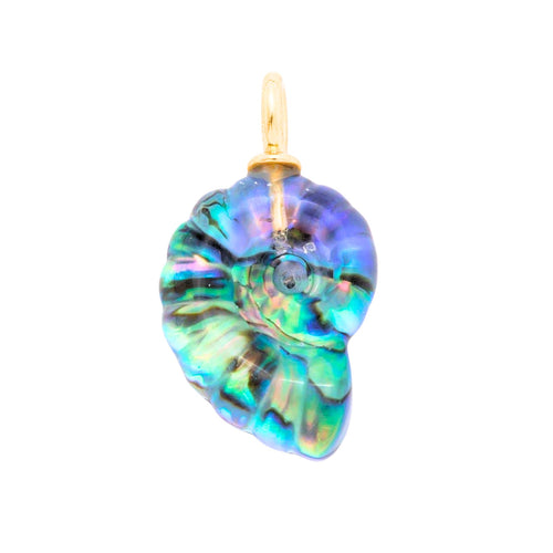 A nautilus shell pendant with iridescent blue, green, and purple abalone shell inlay, attached to a gold bail, shown on a plain white background.
