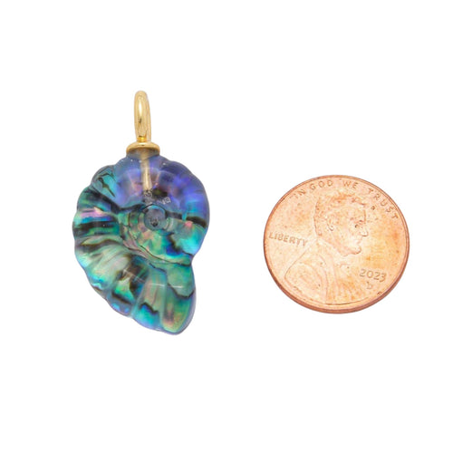 An iridescent abalone shell pendant with a gold bail, shown next to a US penny for scale on a plain white background.