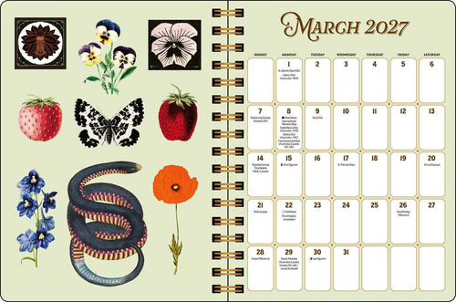 A spiral-bound March 2027 calendar page with botanical illustrations including flowers, strawberries, a butterfly, a snake, and blue flowers on a pale green background.