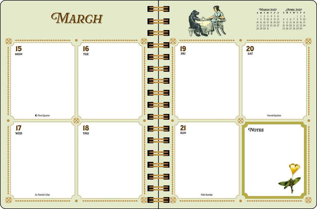 A spiral-bound planner page for March, with six date boxes, a notes section, a small calendar in the top right, and decorative vintage-style illustrations on a pale green background.