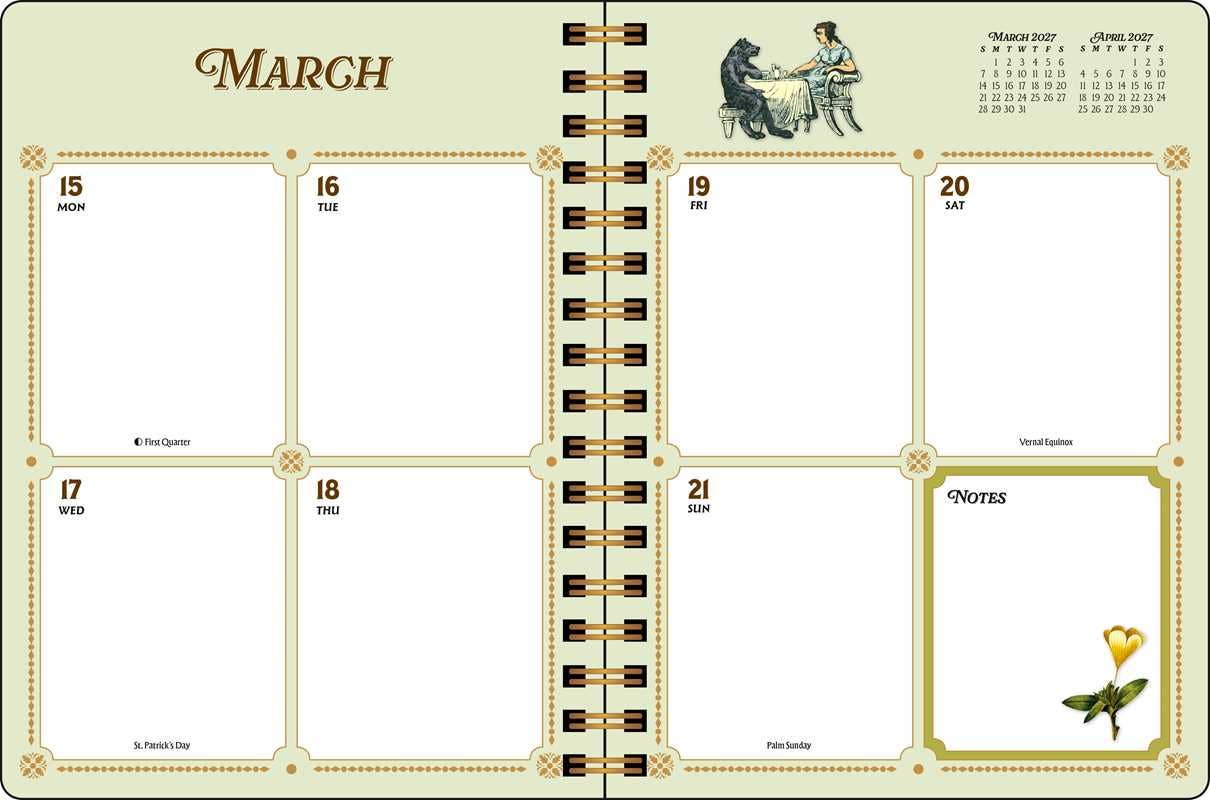 A spiral-bound planner page for March, with six date boxes, a notes section, a small calendar in the top right, and decorative vintage-style illustrations on a pale green background.