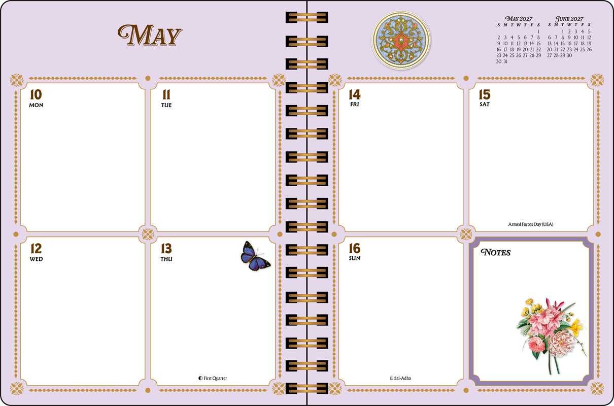 A May spiral-bound planner spread page with six blank daily boxes, a notes section on the lower right, a small floral illustration, and decorative pastel border details.