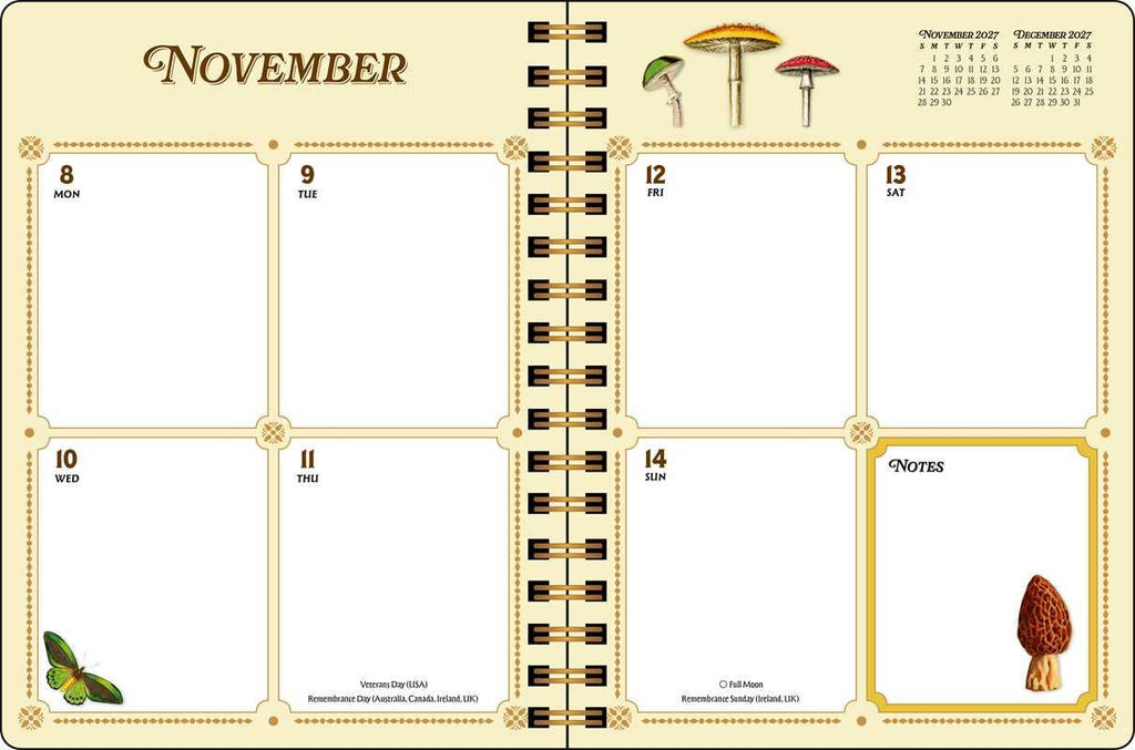 A spiral-bound November planner page with six daily boxes, a notes section, a small calendar in the top right, and decorative mushroom illustrations on a cream background.