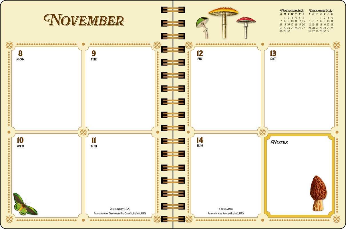A spiral-bound November planner page with six daily boxes, a notes section, a small calendar in the top right, and decorative mushroom illustrations on a cream background.