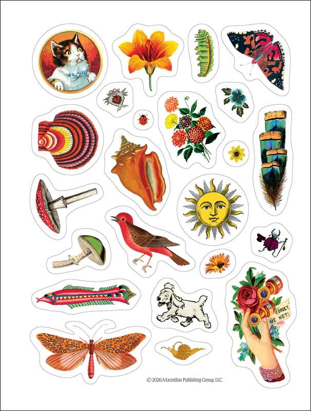 A sheet of colorful illustrated stickers featuring whimsical designs including a cat portrait, flower, fern, butterfly, mushrooms, a red bird, a sun face, a dog, a flower pot, and other small decorative motifs on a white background.