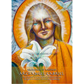 A colorful religious art print depicting Archangel Gabriel with a radiant golden halo, holding a white lily, with text at the bottom reading 'Archangel of Messages Archangel Gabriel' and a copyright watermark '©2022 Katherine Skaggs'.
