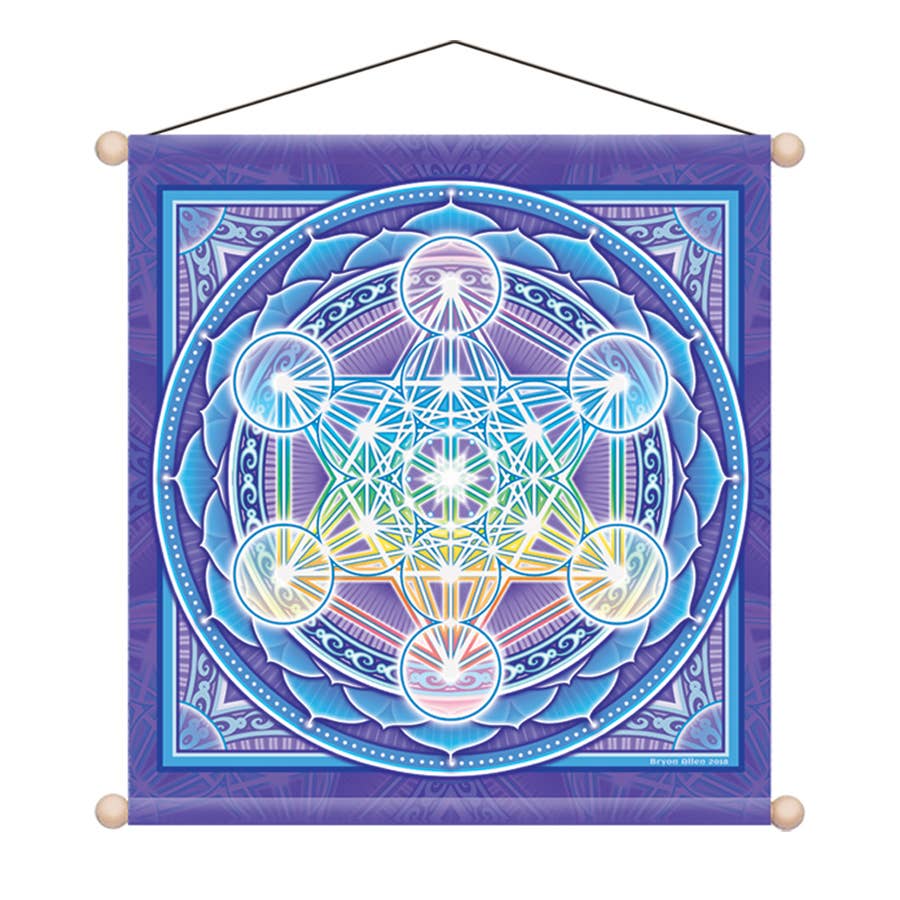 A square hanging wall tapestry featuring a colorful geometric sacred geometry design on a purple background, suspended by a black cord with wooden finials at the corners.