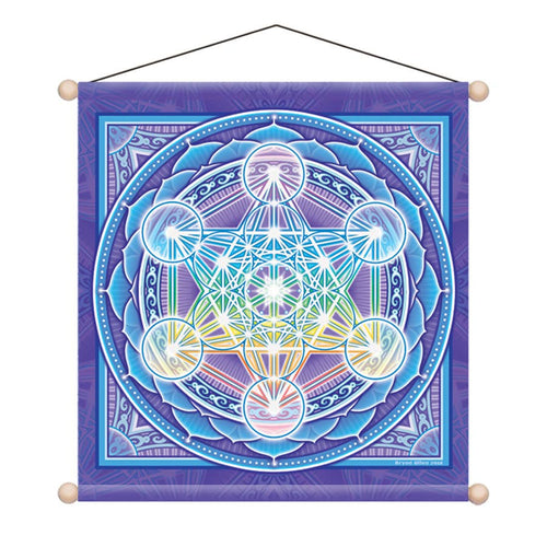 A square hanging wall tapestry featuring a colorful geometric sacred geometry design on a purple background, suspended by a black cord with wooden finials at the corners.