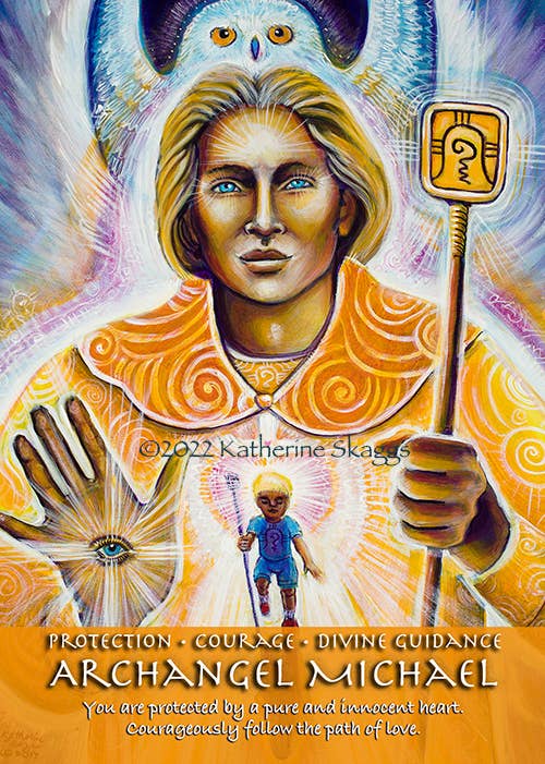 A colorful spiritual art print depicting Archangel Michael with a white owl on his head, holding a golden staff, with a small child in blue at his chest. The text reads 'PROTECTION • COURAGE • DIVINE GUIDANCE ARCHANGEL MICHAEL' and 'You are protected by a pure and innocent heart.