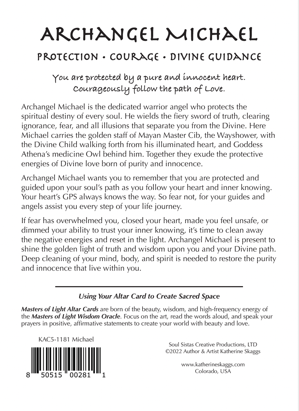 Back of an Archangel Michael Light Altar Card featuring a detailed spiritual description of Archangel Michael, his attributes, and instructions on using the card, printed on a white card with a barcode at the bottom.