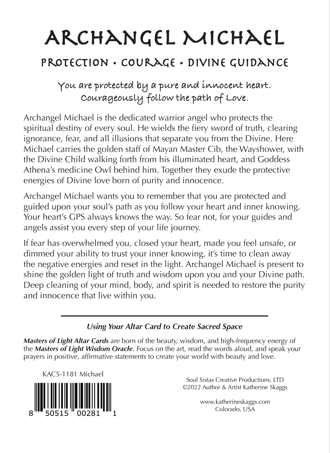 Back of an Archangel Michael Light Altar Card featuring a detailed spiritual description of Archangel Michael, his attributes, and instructions on using the card, printed on a white card with a barcode at the bottom.