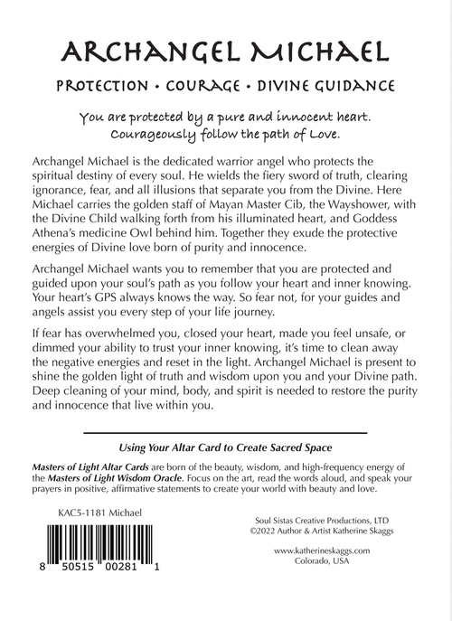 Back of an Archangel Michael Light Altar Card featuring a detailed spiritual description of Archangel Michael, his attributes, and instructions on using the card, printed on a white card with a barcode at the bottom.