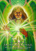Digital artwork of Archangel Raphael with glowing green and yellow light rays, hands, and a halo, with text reading 'Archangel of Healing Archangel Raphael' and a copyright notice for Katherine Skaggs.