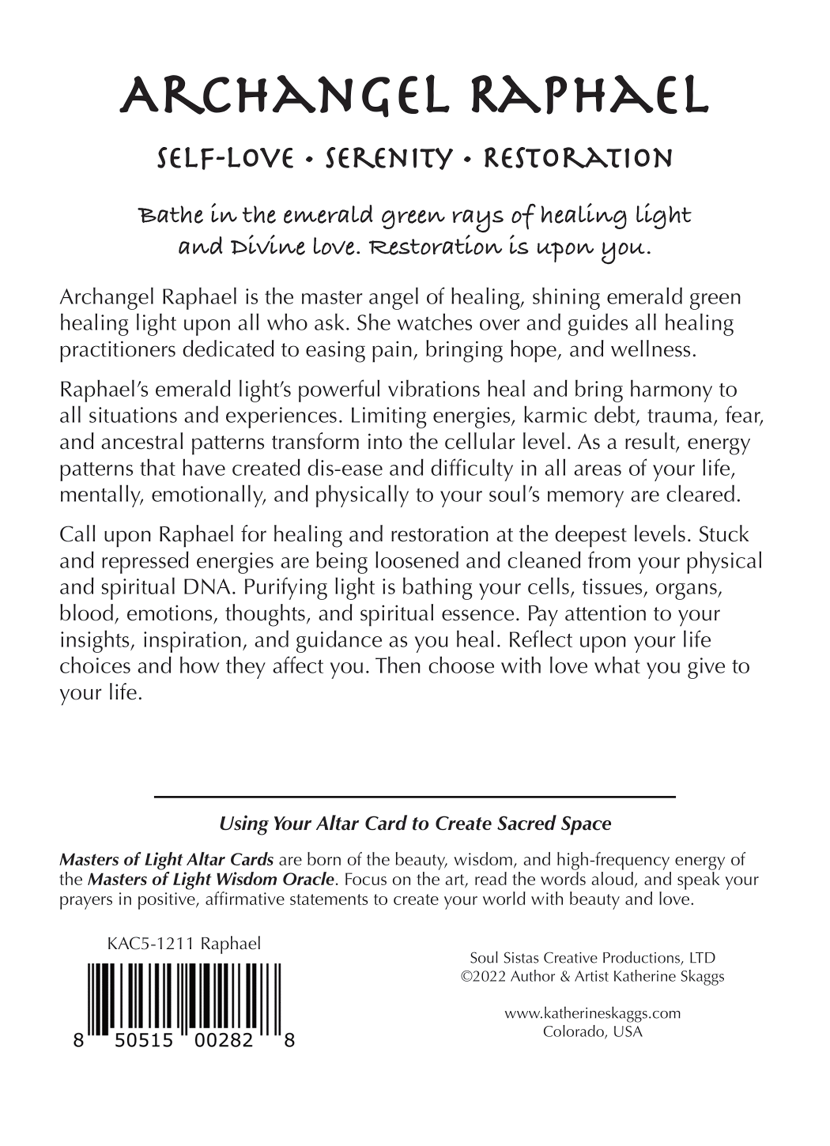 Back cover of a book titled 'Archangel Raphael' by Katherine Skaggs, featuring black text on a white background with a barcode and publisher details.
