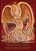 An art print featuring a stylized phoenix illustration in warm orange, yellow, and white tones against a dark red background. Text at the bottom reads 'Alchemy • Holy Fire • Purification' and 'Archangel Uriel,' with a short descriptive quote below.