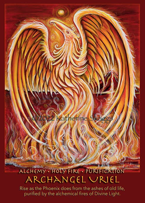 An art print featuring a stylized phoenix illustration in warm orange, yellow, and white tones against a dark red background. Text at the bottom reads 'Alchemy • Holy Fire • Purification' and 'Archangel Uriel,' with a short descriptive quote below.