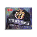 Box of HEM incense cones labeled 'Attracts Money' on a white background