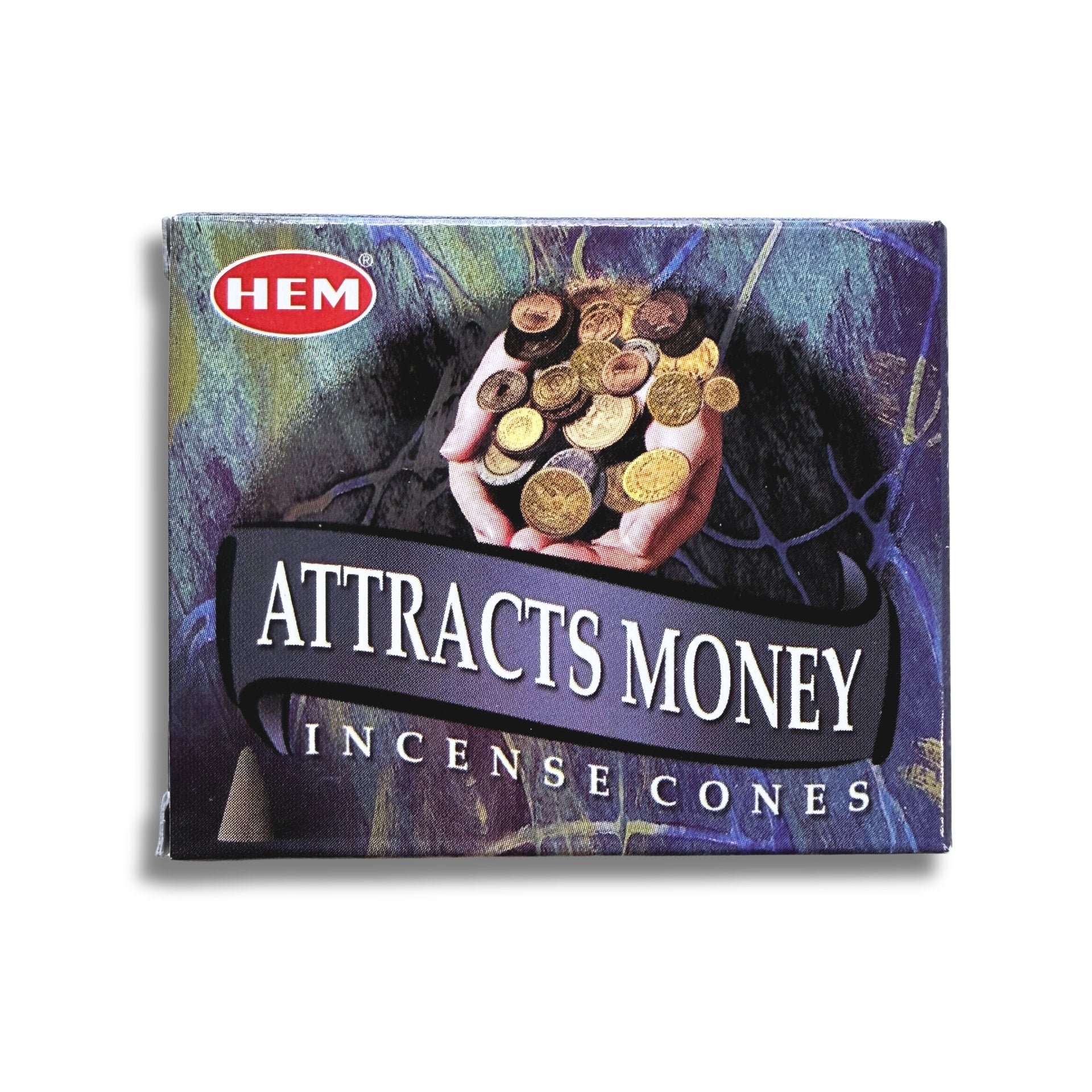 Box of HEM incense cones labeled 'Attracts Money' on a white background