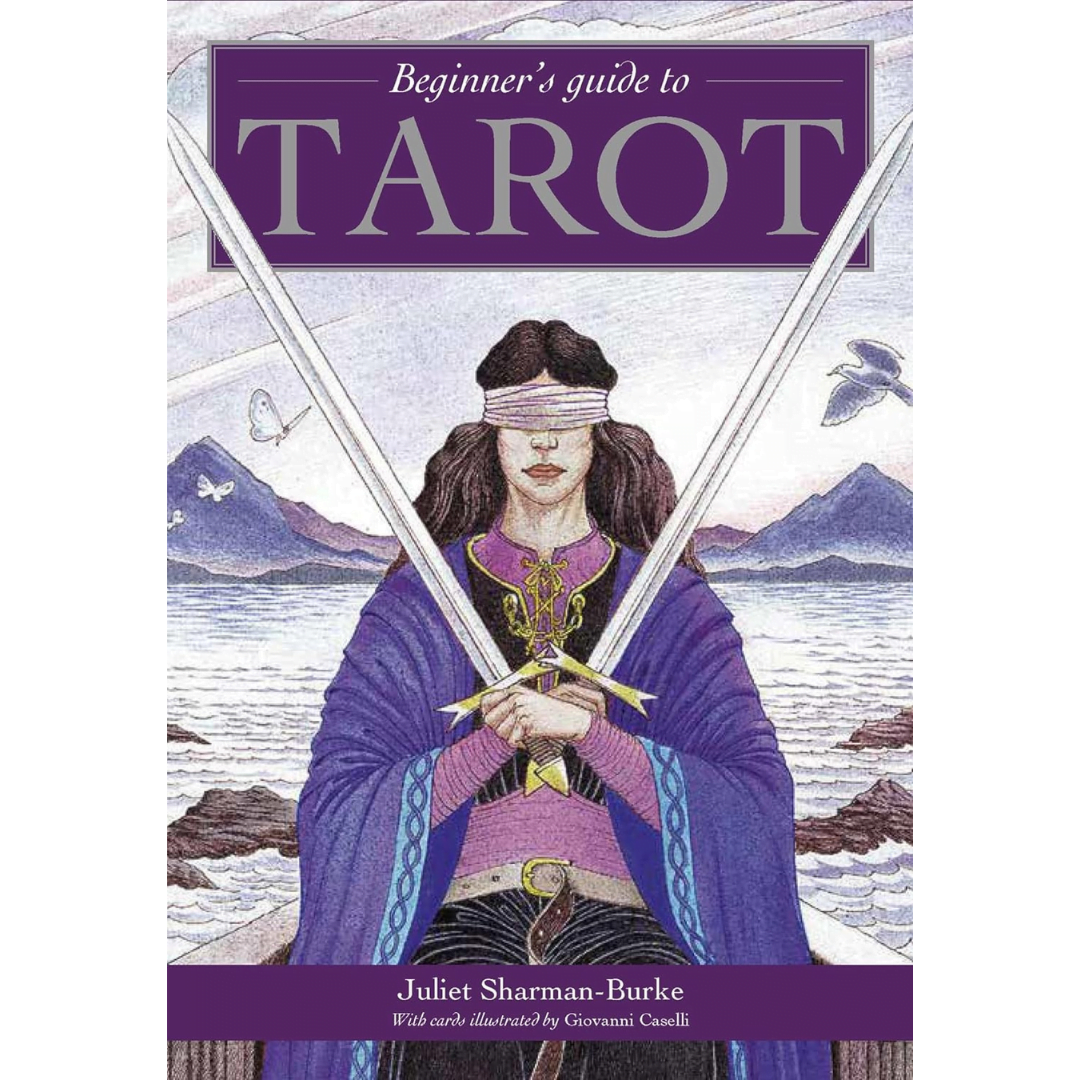 Book cover of 'Beginner's Guide to Tarot' with a blindfolded figure holding swords.